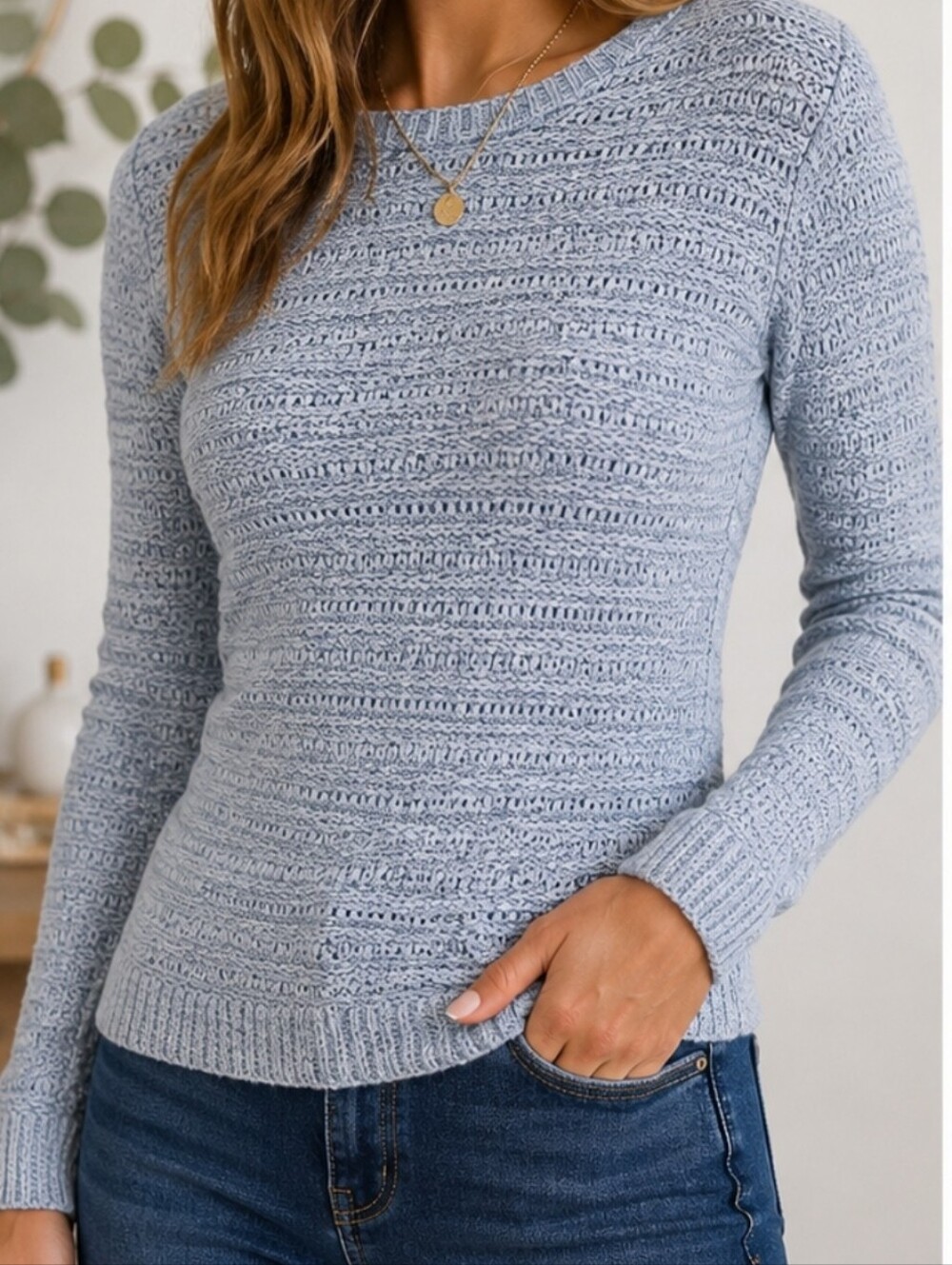 Leo & Nicole Heather Gray blue Textured Cotton Knit Sweater Large Cozy Sweater